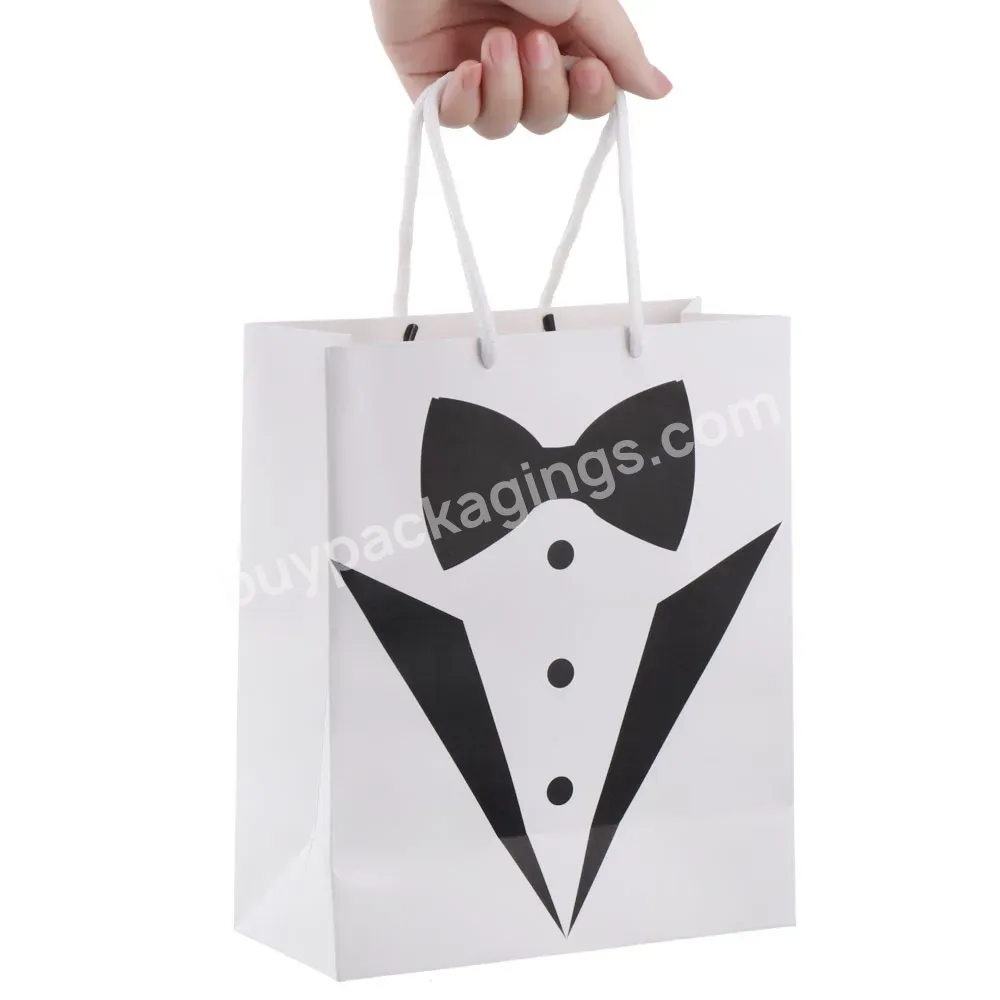 Factory Wholesale Custom Party Diy Favour Paper Gift Bags Black White Wedding Bridal Paper Tuxedo Groomsmen Thank You Gift Bag