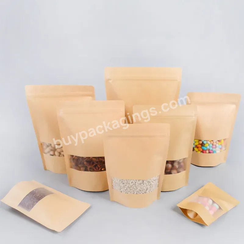 Factory Wholesale Food Packaging Doypack Stand Up Pouch Plain Brown Kraft Paper Bag With Clear Window And Zip Lock For Tea Snack