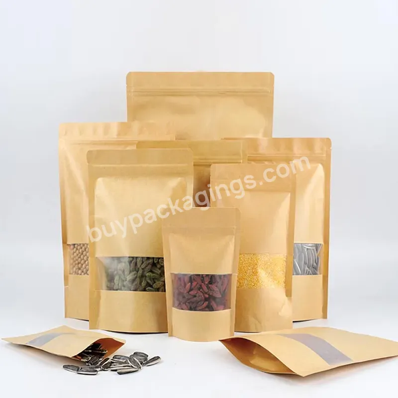 Factory Wholesale Food Packaging Doypack Stand Up Pouch Plain Brown Kraft Paper Bag With Clear Window And Zip Lock For Tea Snack - Buy Kraft Paper Bag,Kraft Food Paper Bag With Windows,Stand Up Kraft Paper Bag.