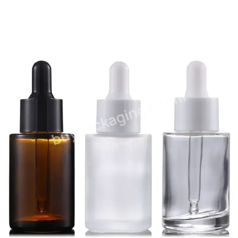 Fancy Beauty 20ml 30ml 50ml 60ml 80ml 100ml Flat Shoulder Essential Oil Serum Frosted Clear Glass Dropper Bottle With Pipette