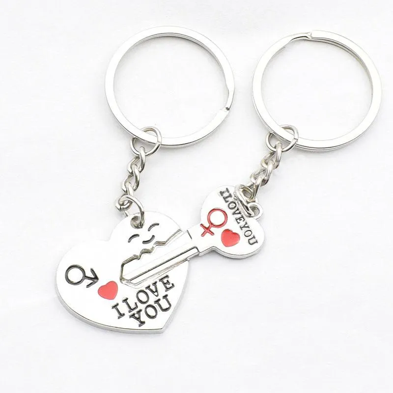 Fashion Couple Keychain Silver Tone Love Heart Key Chains Lock Rings Women Bag Jewelry Wedding Trinket Female Valentine Day Gift