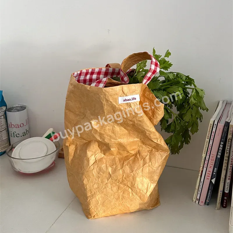 Fashion Eco Custom Waterproof Dupont Lunch Paper Tote Bag Washed Kraft Tyvek Paper Handbag Handled Shopping Food Bag