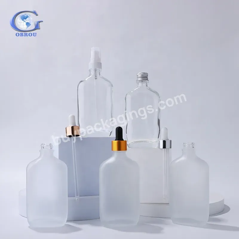 Fast Shipping 100ml Cosmetic Essential Oil Packaging Transparent Serum Glass Flat Dropper Bottle