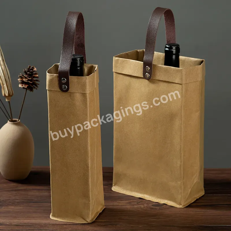 Festive Custom Luxury Double Pack Single Red Wine Storage Bag Washed Kraft Paper Packaging Gift Packaging Bag