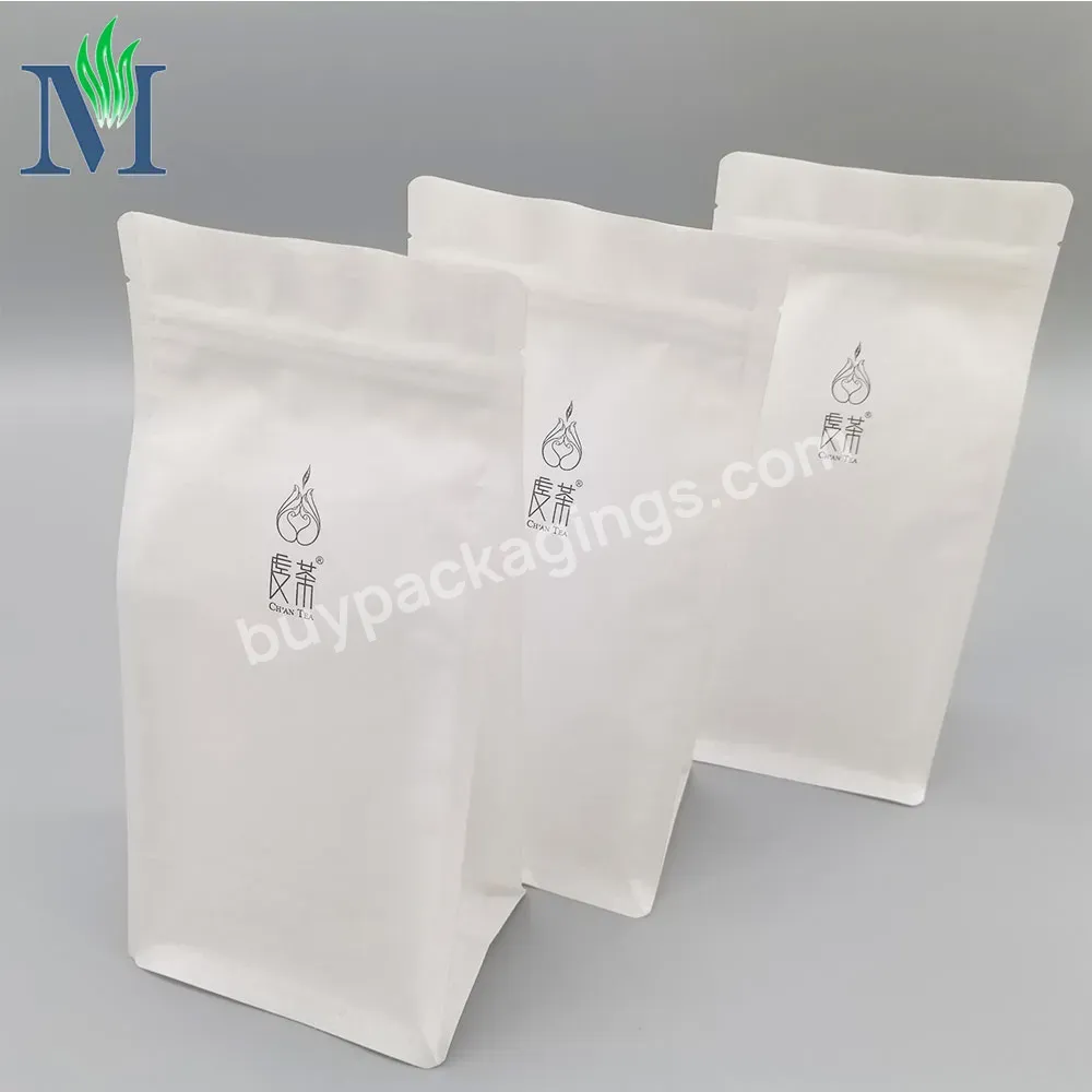 Flat Bottom Pouch Compostable White Kraft Paper Moisture Proof Side Gusset Zipper Tea Matte Bag With Custom Logo
