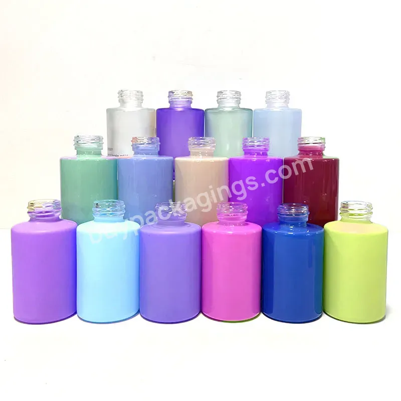 Flat Cylinder Shape Bottles White Pink Blue Purple Skin Care Packaging 1 Oz Serum Oil Bottle 30ml Glass Dropper Bottle