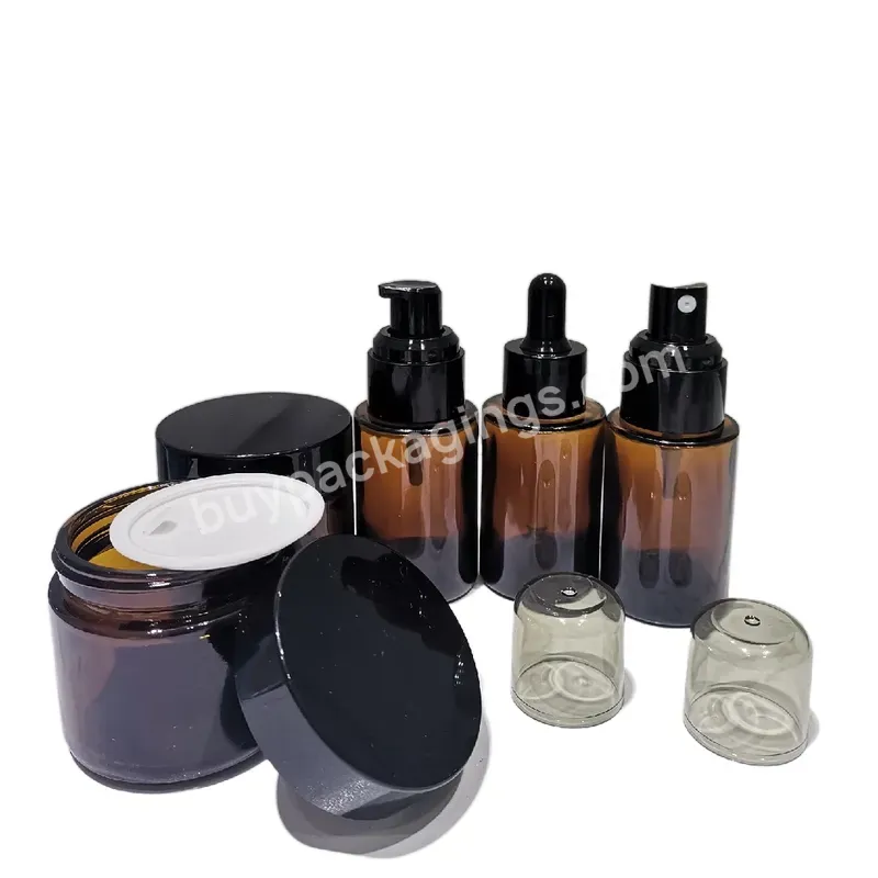 Flat Sloping Shoulder Colors Gold Serum Hair Essential Oil Amber Pump Sprayer Glass Black Dropper Bottle Set Bottles