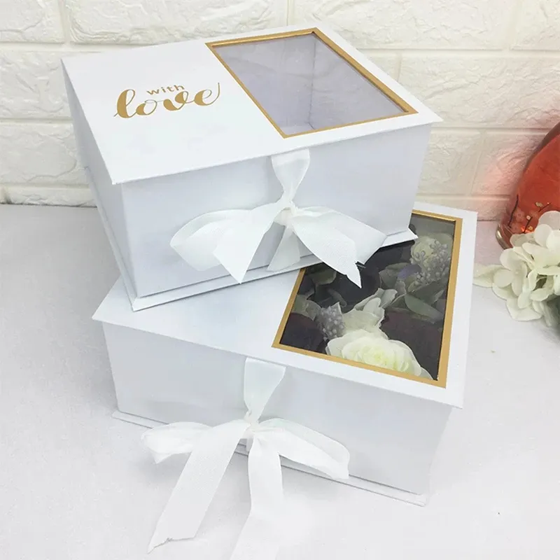 Flower Valentine Mother's  Day  Standing Gift Boxes Window Faced Gift Box Medium White Magnetic Gift Box With Ribbon Tramsperent