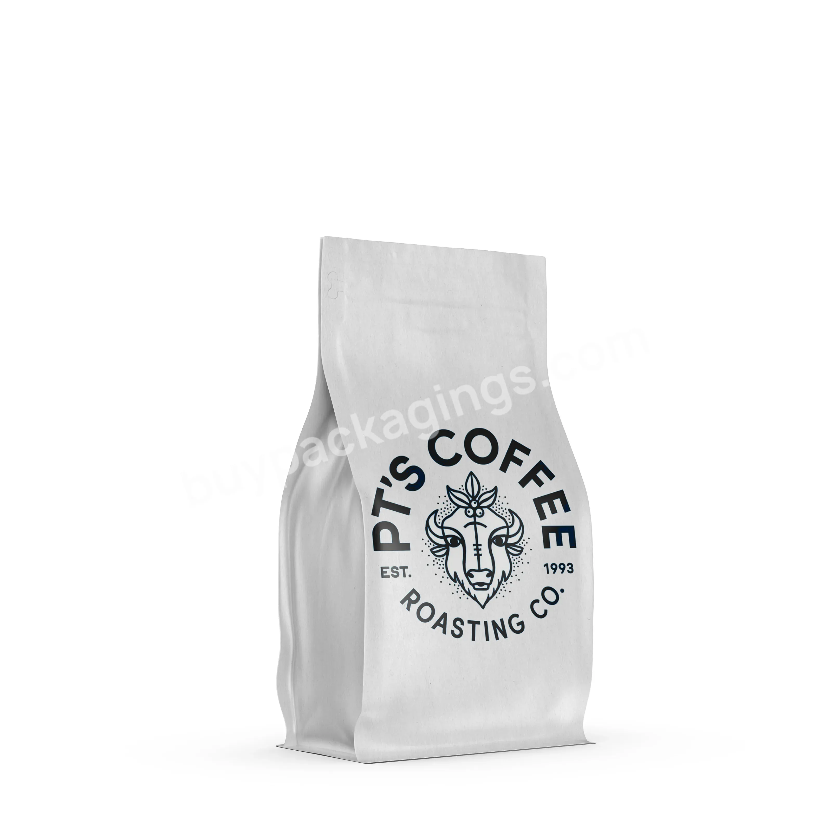 Food Grade 8 Side White Paper Coffee Bag With Valve Custom Print White Kraft Paper Flat Bottom Coffee Bags