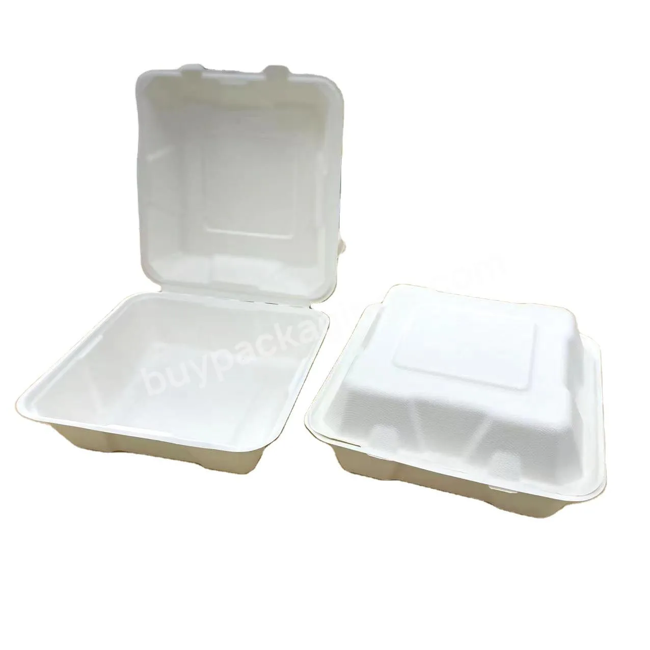 Food Grade 8*8 Inch Pulp Molded Bagasse Sugarcane Clamshell Takeaway Food Packaging Paper Hamburger Lunch Box