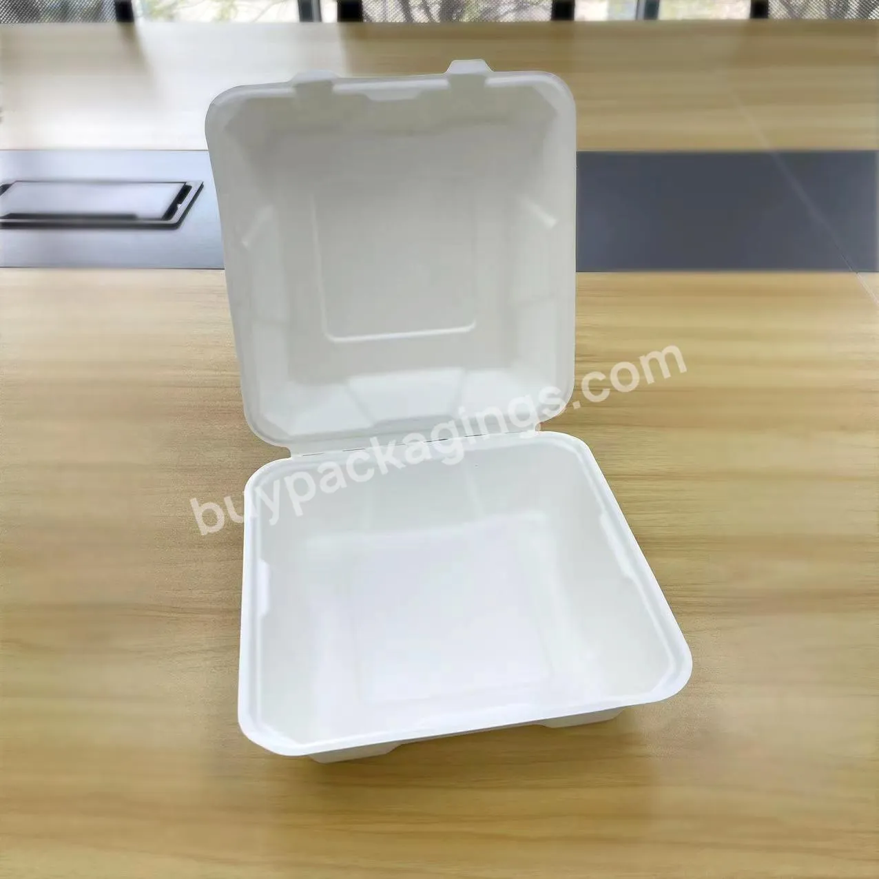 Food Grade 8*8 Inch Pulp Molded Bagasse Sugarcane Clamshell Takeaway Food Packaging Paper Hamburger Lunch Box