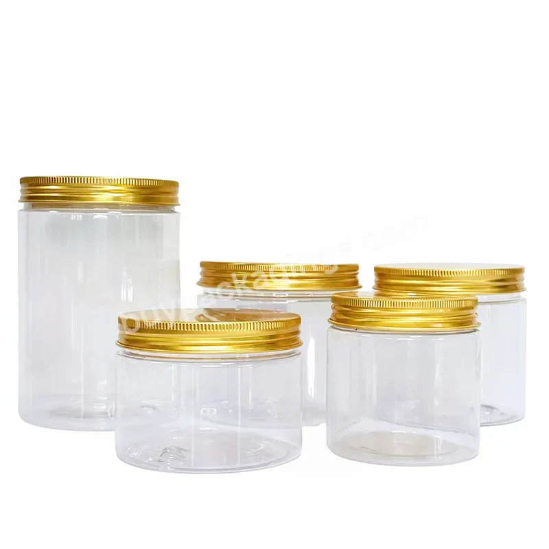 Food Grade Clear Pots Cosmetic Body Scrub Container Empty Pcr Recyclable Pet Plastic Jars With Aluminum Lids - Buy Plastic Jars Cosmetics,Clear Pet Plastic Jar,Plastic Cosmetic Jars With Lids.