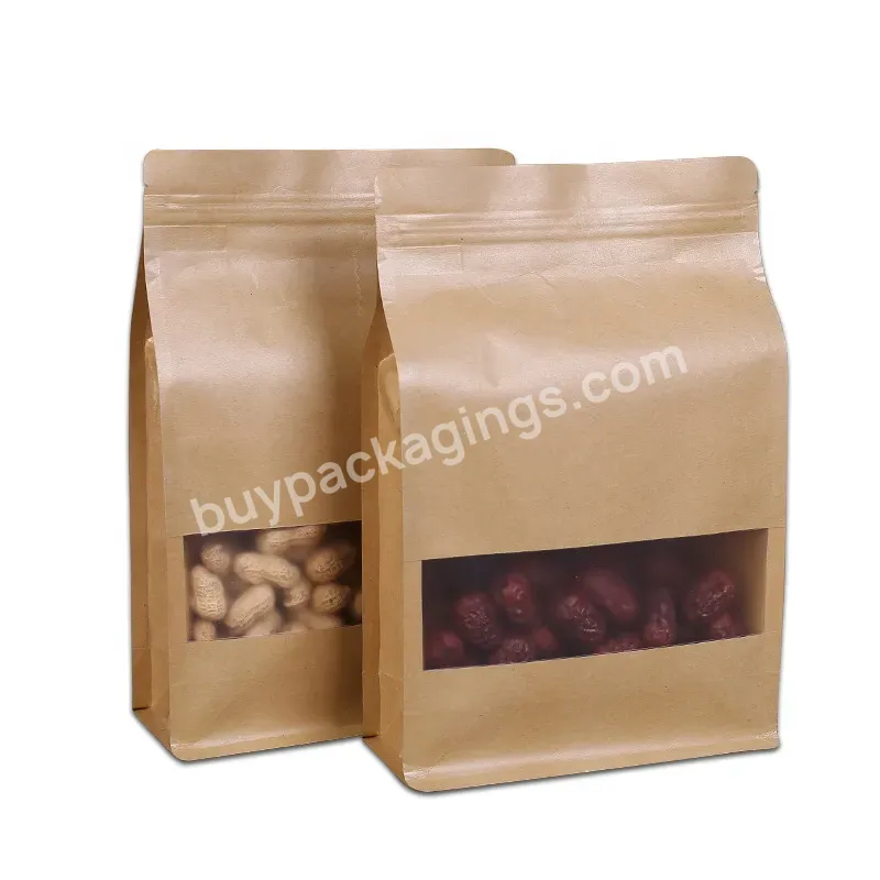 Food Grade Eight Side Sealed Open Window Zipper Kraft Paper Bag For Packing Coffee Beans