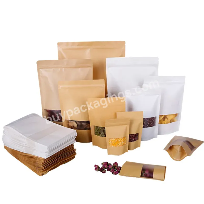 Food Grade Frosted Yellow White Kraft Paper Self Standing Window Opening Paper Bag Self Sealing Bag Inventory