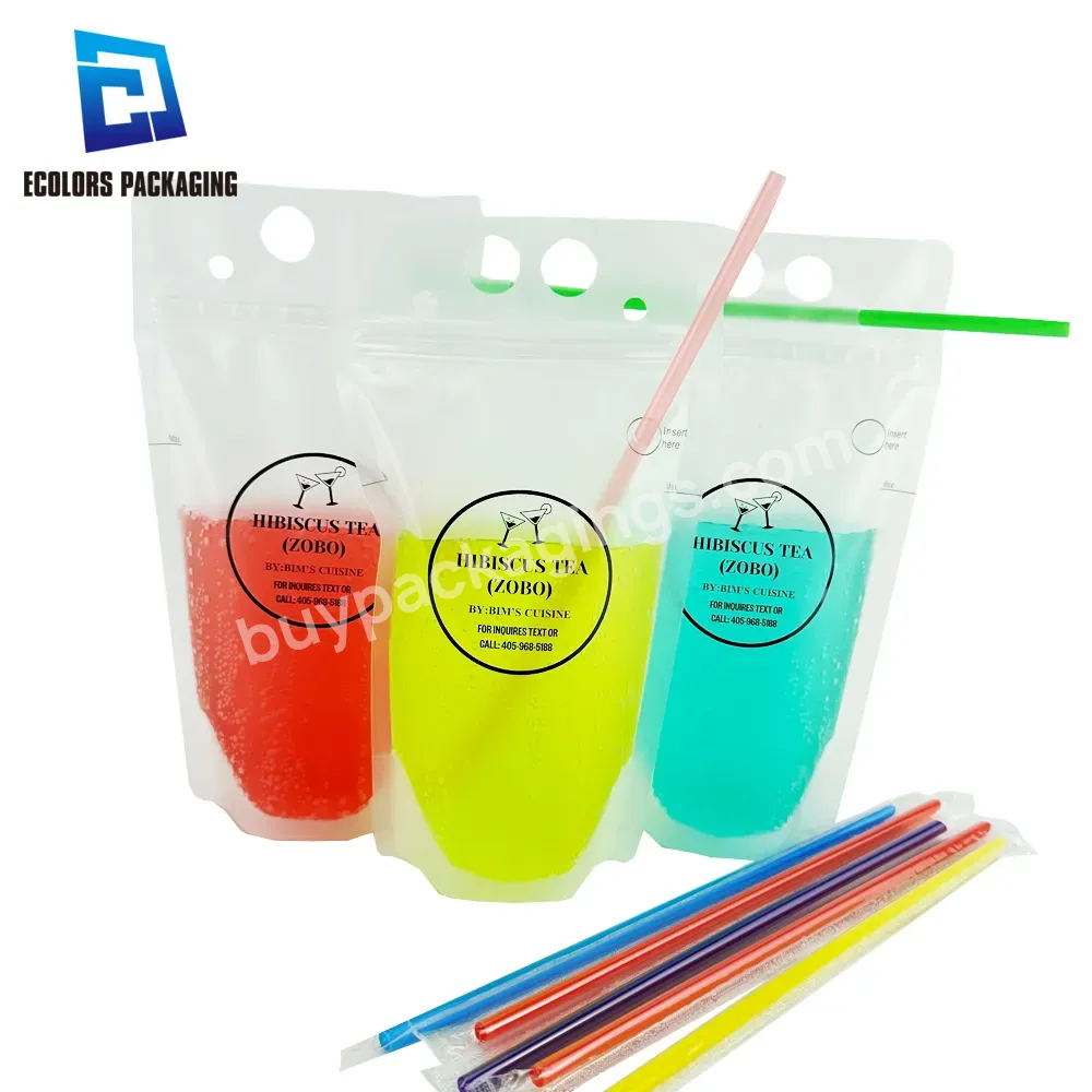 Food Grade Reusable Custom Printed Stand Up Liquid Packaging Self Seal Plastic Bag Zip Up Ziplock Drink Juice Bags With Straw