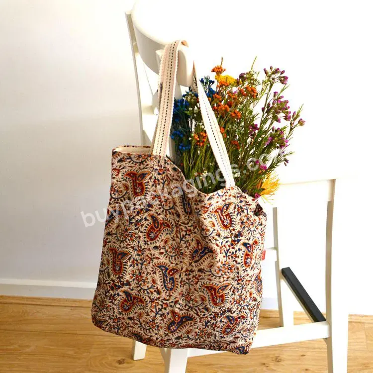 For Beach Hand Block Print Oversize Reusable Shoulder Cotton Shopping Tote Bag With Webbing Or Leather Handle