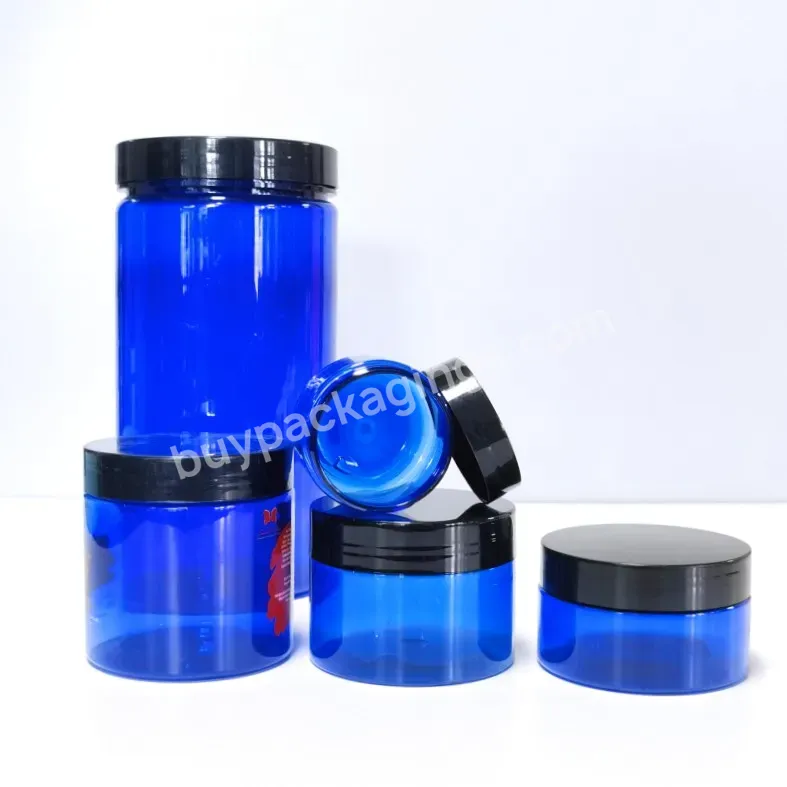 Free Sample Clear Blue Pots Cosmetic Body Scrub Container 4oz 8oz 10oz Empty Pet Plastic Jars With Black Lids