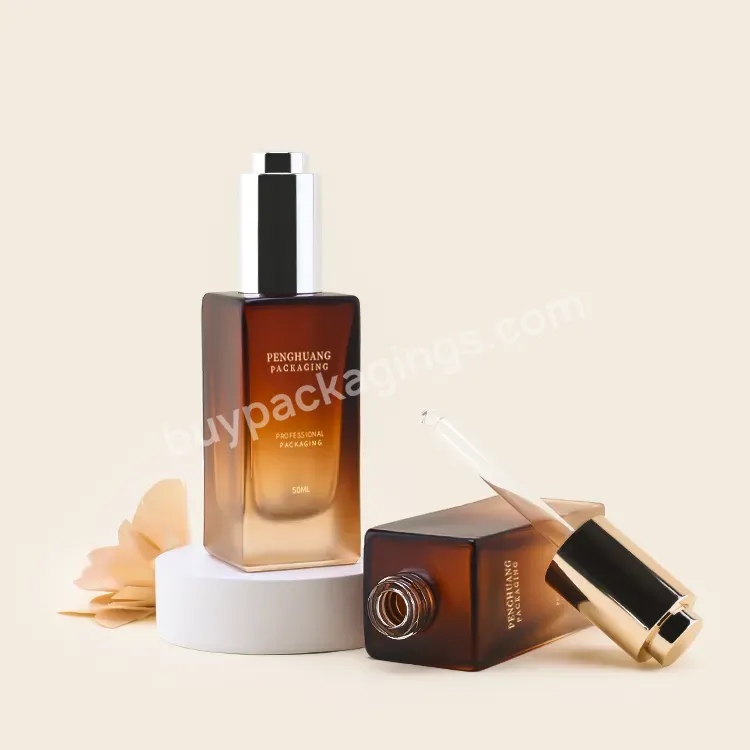 Free Sample Square Amber Essential Oil Glass Serum Dropper Bottle 50 Ml Glass Packaging Dropper Bottle