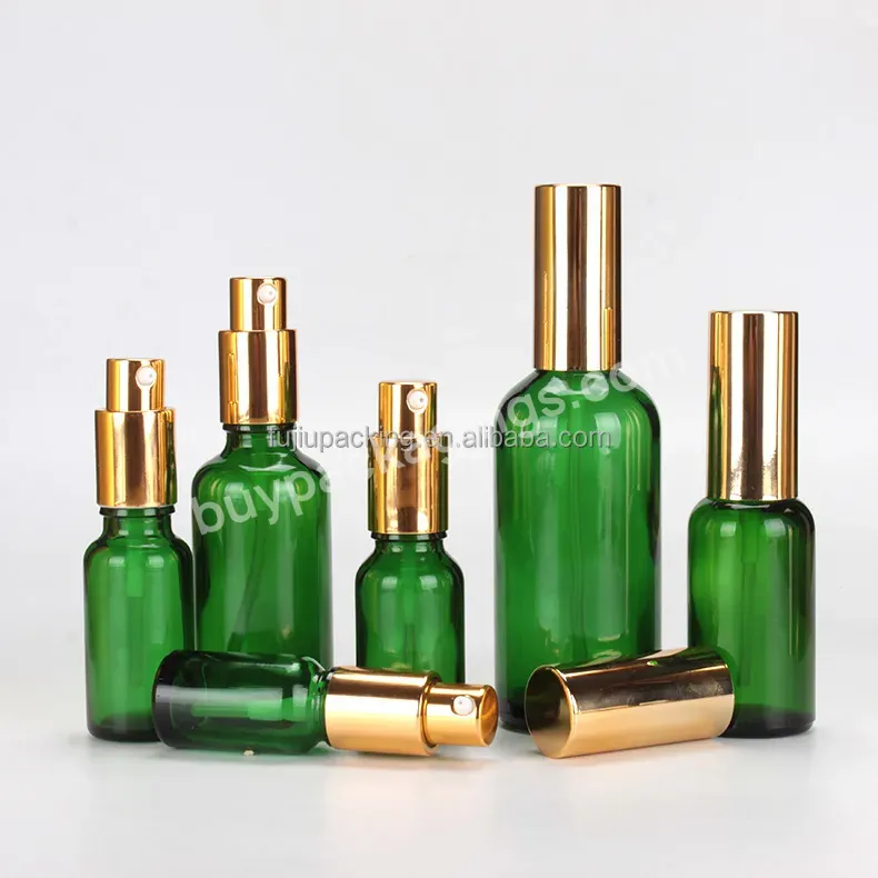 Free Samples Cosmetic 5ml 10ml 15ml 20ml 30ml 50ml 100ml Green Round Glass Essential Oil Bottle With Gold Spray Pump Cap