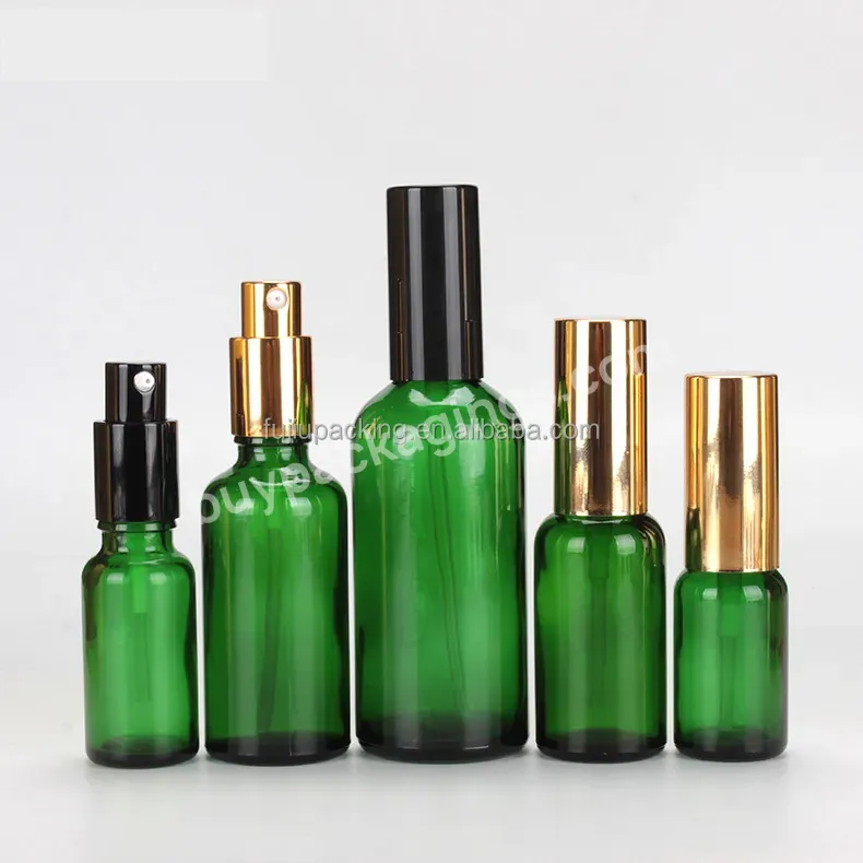 Free Samples Cosmetic 5ml 10ml 15ml 20ml 30ml 50ml 100ml Green Round Glass Essential Oil Bottle With Gold Spray Pump Cap