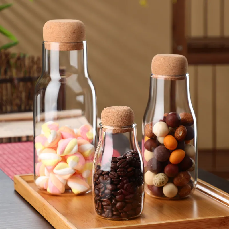 Free Samples High Quality 150ml 300ml 600ml Clear Glass Food Storage Bottle with cork lid