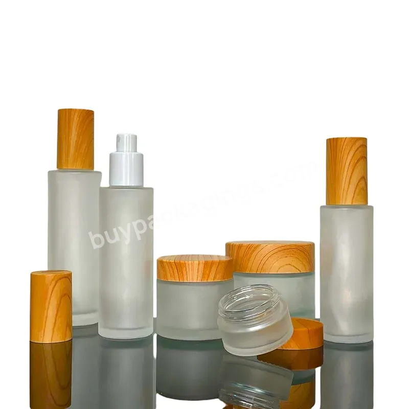 Frosted Clear Frosted Empty Cosmetic Bottles Bamboo Set Bamboo Wooden Lid Glass Cream Jars Bottle For Cosmetic Packaging