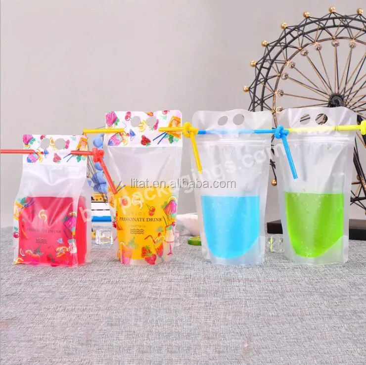 Fruit Juice Liquid Plastic Bag With Straw Transparent Material Stand Up Plastic Zipper Bag