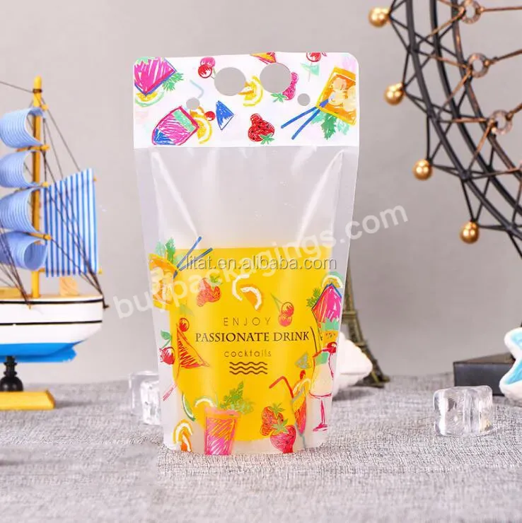 Fruit Juice Liquid Plastic Bag With Straw Transparent Material Stand Up Plastic Zipper Bag