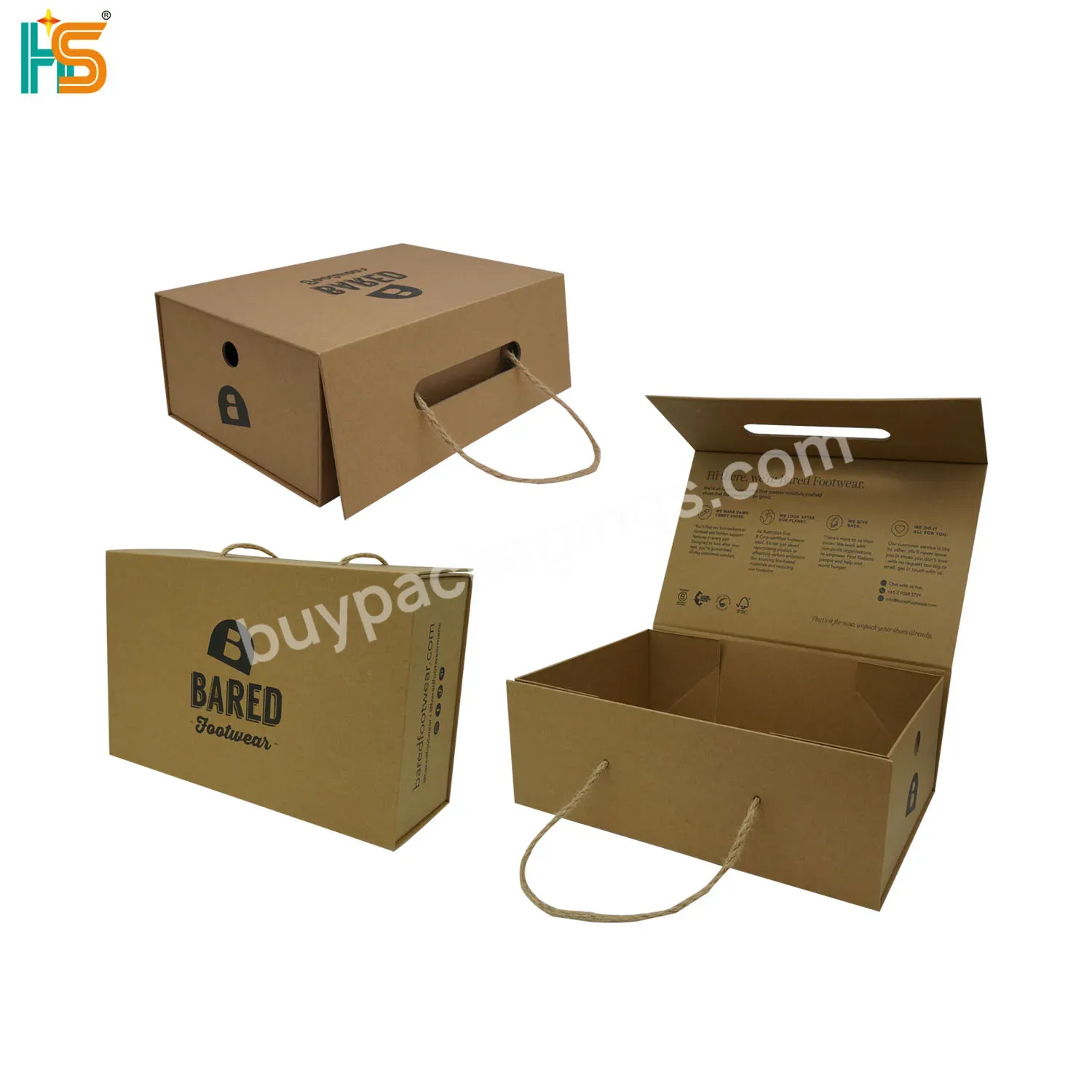 Fsc Recycled Paper Box Package Custom Logo Brown Cardboard Shoes Boxes With Handle Suppliers