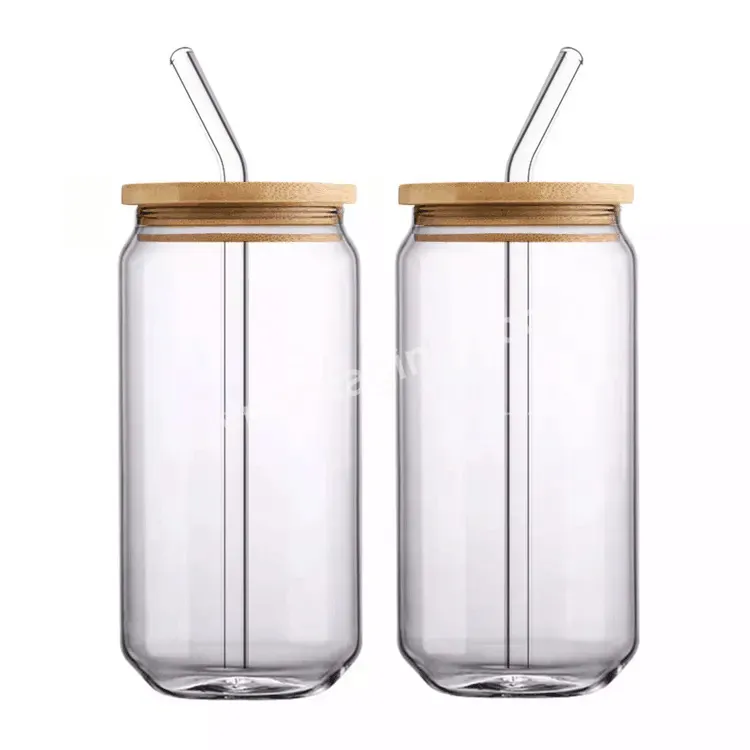 Glass 12-20oz Can Glass Bottle Mason Cup Bamboo And Wood Lid Straw Juice Cold Drink Water Bottle