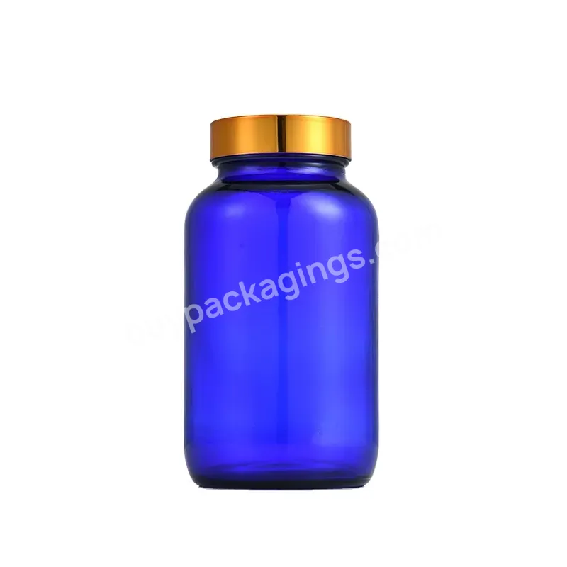 Glass Blue Medicine Bottle 400ml Tablets Pill Bottle With Gold Cap Blue Capsule Supplement Bottle