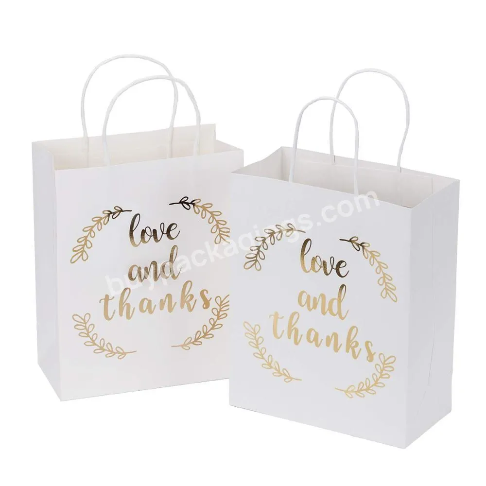 Gold Foil\Love and Thanks\ White Paper Bags with Handles for Wedding, Birthday, Baby Shower, Party Favors