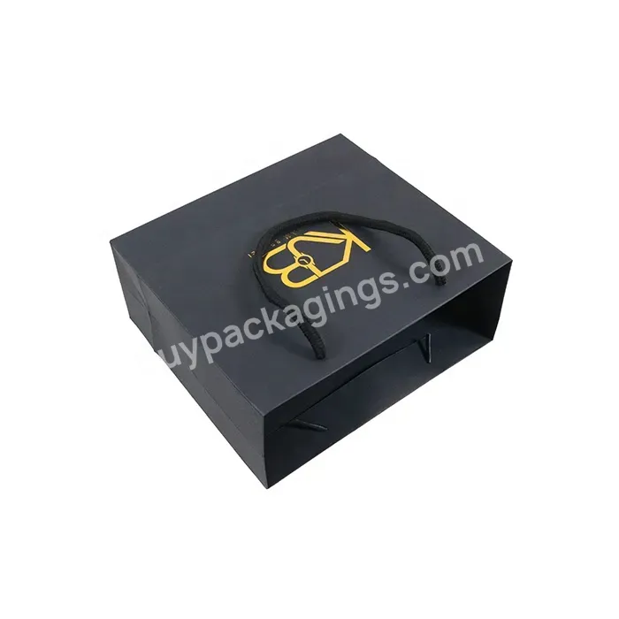Gold Hot Foil Stamping Logo On Black Matt Kraft Paper Bag With Cotton Rope Handles