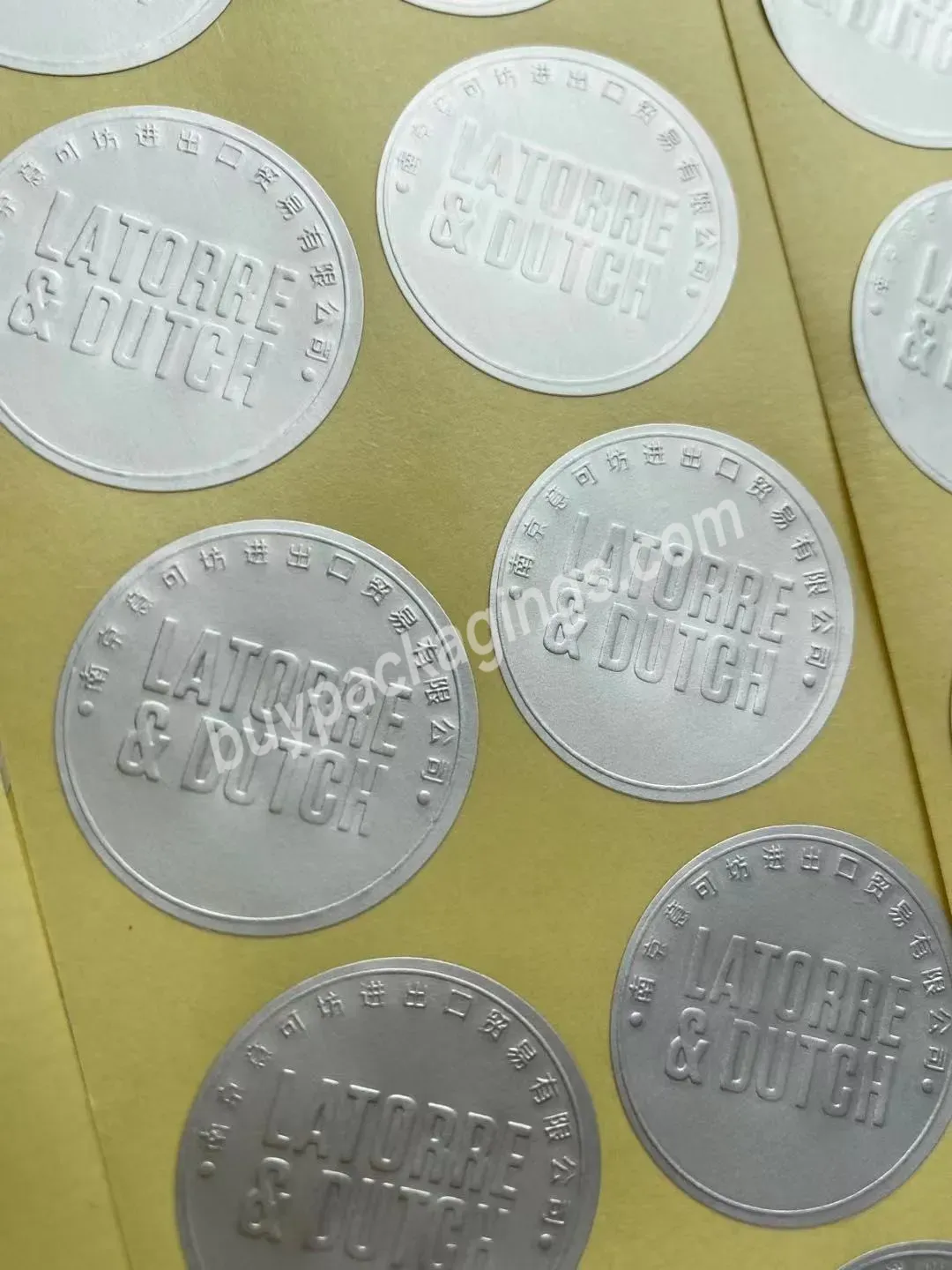 Good Quality Adhesive Die Cut Custom Embossed Metallic Silver Logo Stickers