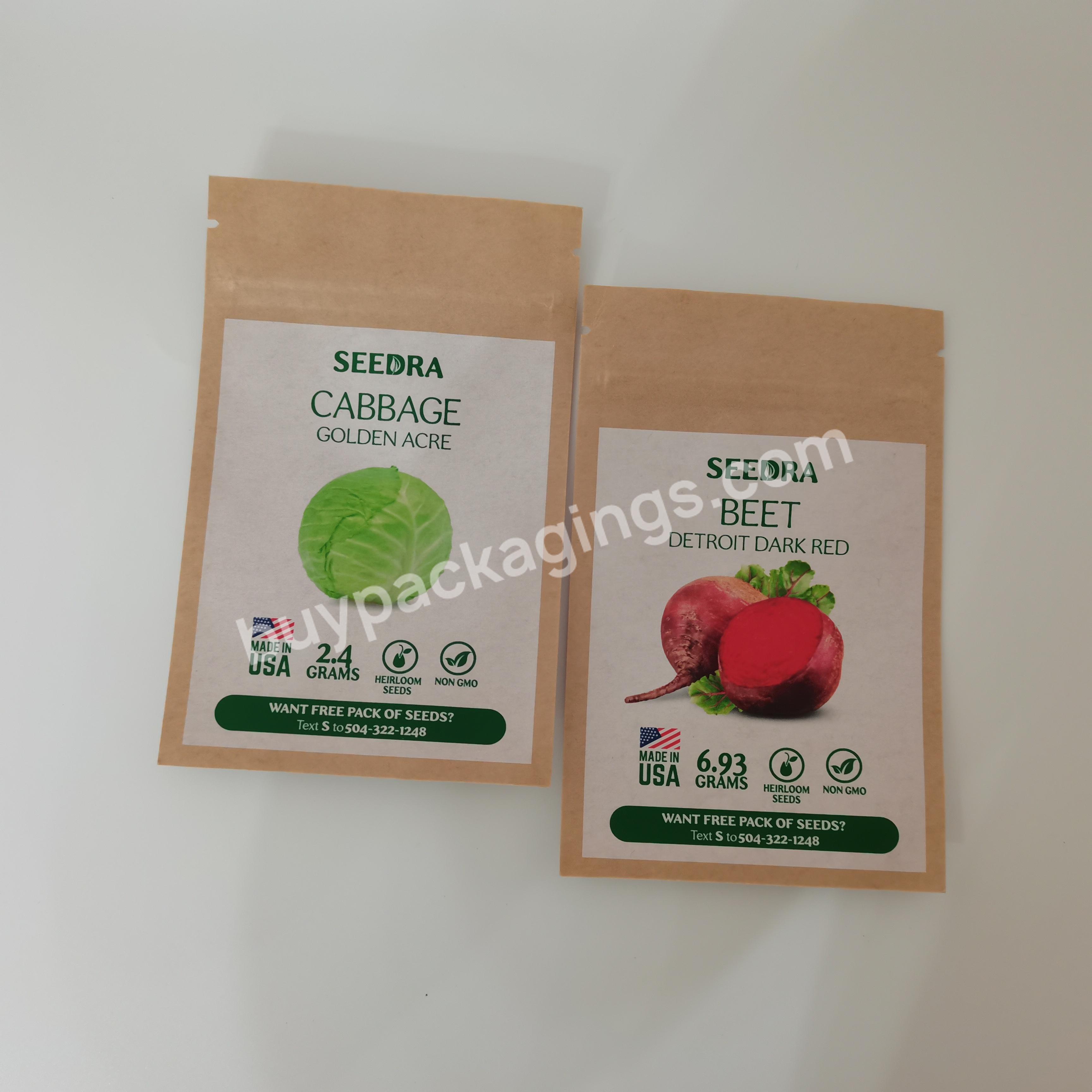 Good Quality Vegetable Seeds Packaging Custom 3 Side Seal Kraft Paper Zipper Bag