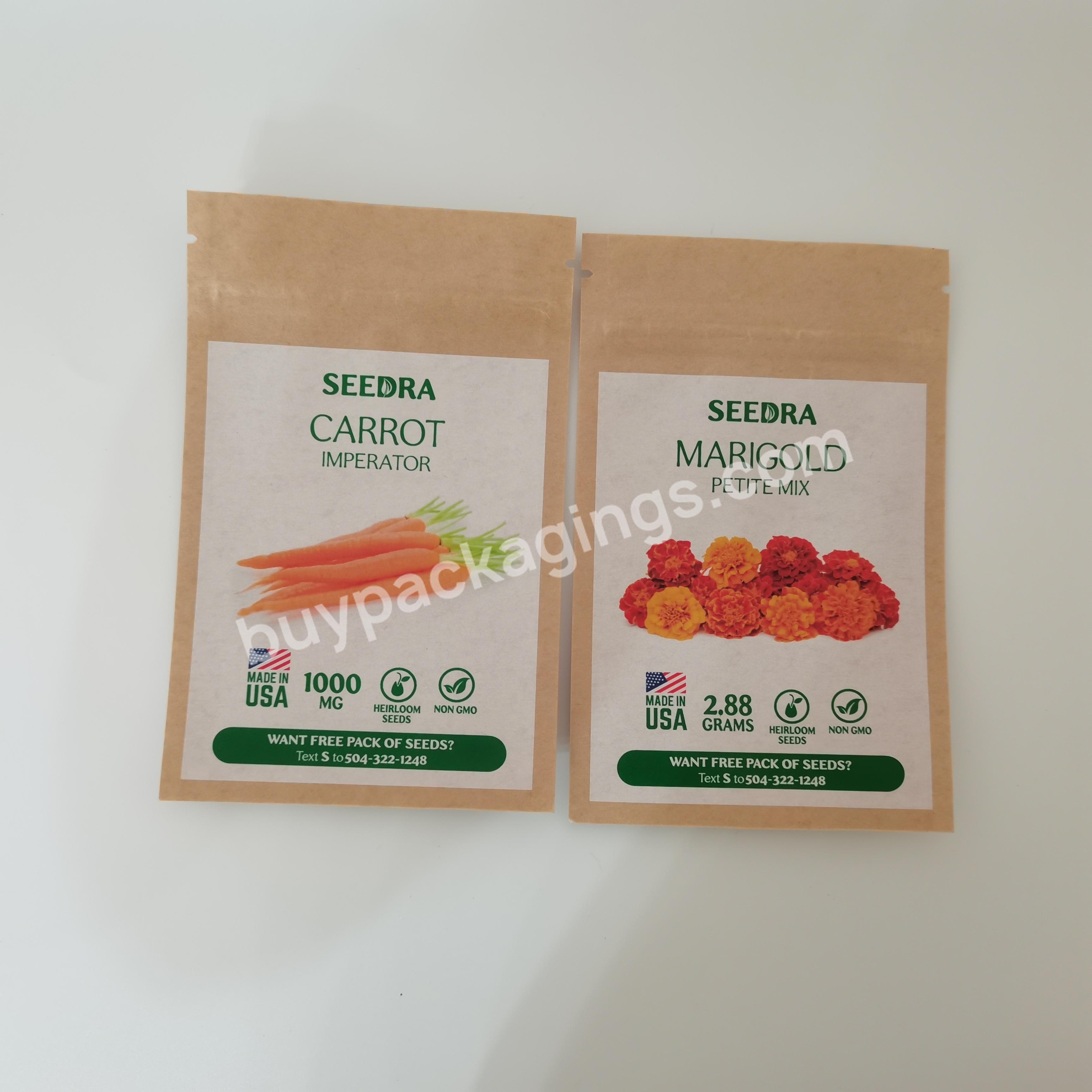 Good Quality Vegetable Seeds Packaging Custom 3 Side Seal Kraft Paper Zipper Bag