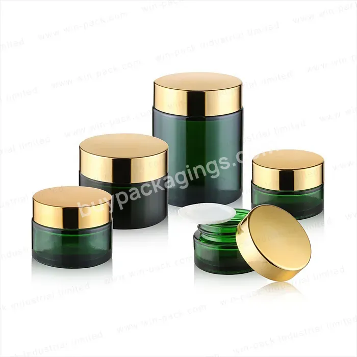 Green Round Glass Jars With Inner Liners & Black Lids For Face Cream