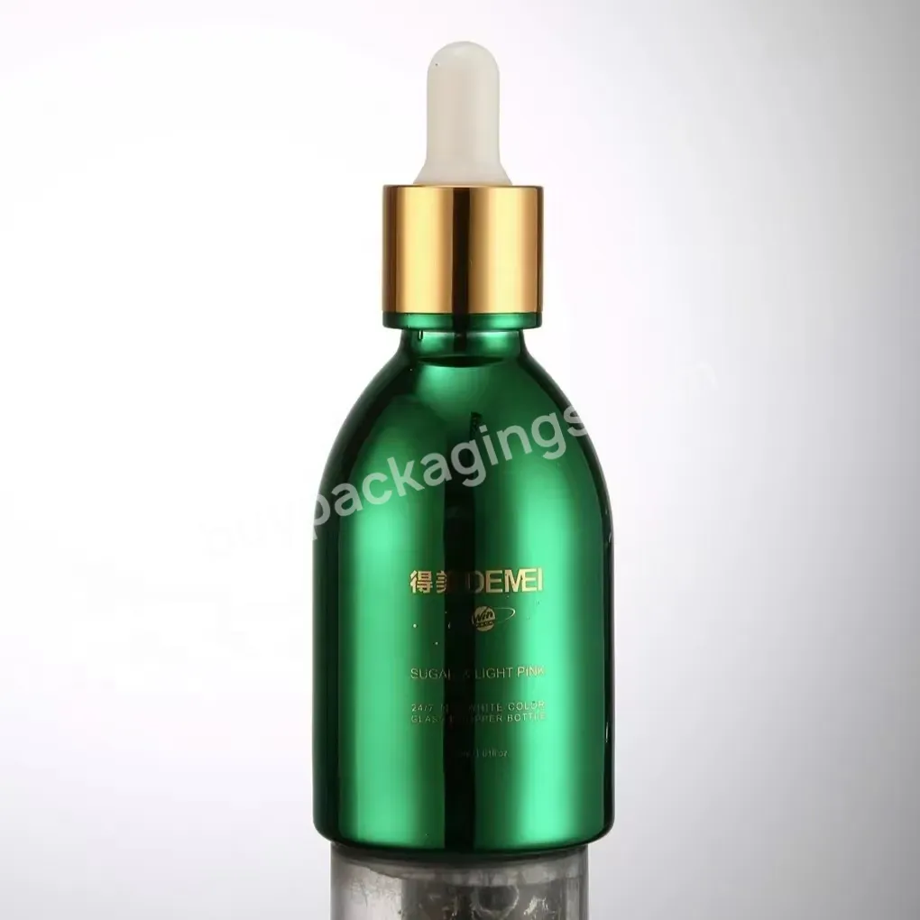 Green Uv Coating 50ml Glass Dropper Bottle With Gold Pipette For Skincare Serum And Essential Oil