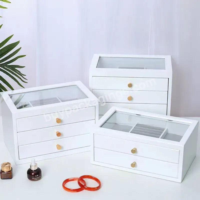 Grids Vintage Solid Wood Jewelry Box Microfiber Lining Earrings Bracelets Necklace Storage Jewelry Drawer With Glass Top Lid