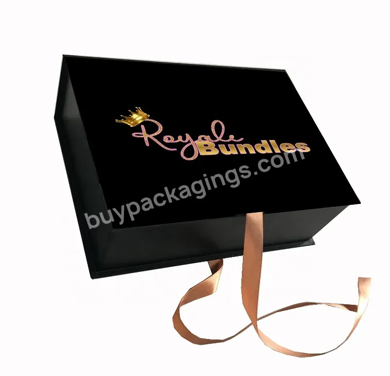 Hair Bundles Packaging Box Black Human Weave Hair Gift Storage Paper Box With Ribbon Closure For Wig Accessories