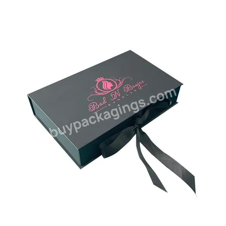 Hair Bundles Packaging Box Black Human Weave Hair Gift Storage Paper Box With Ribbon Closure For Wig Accessories