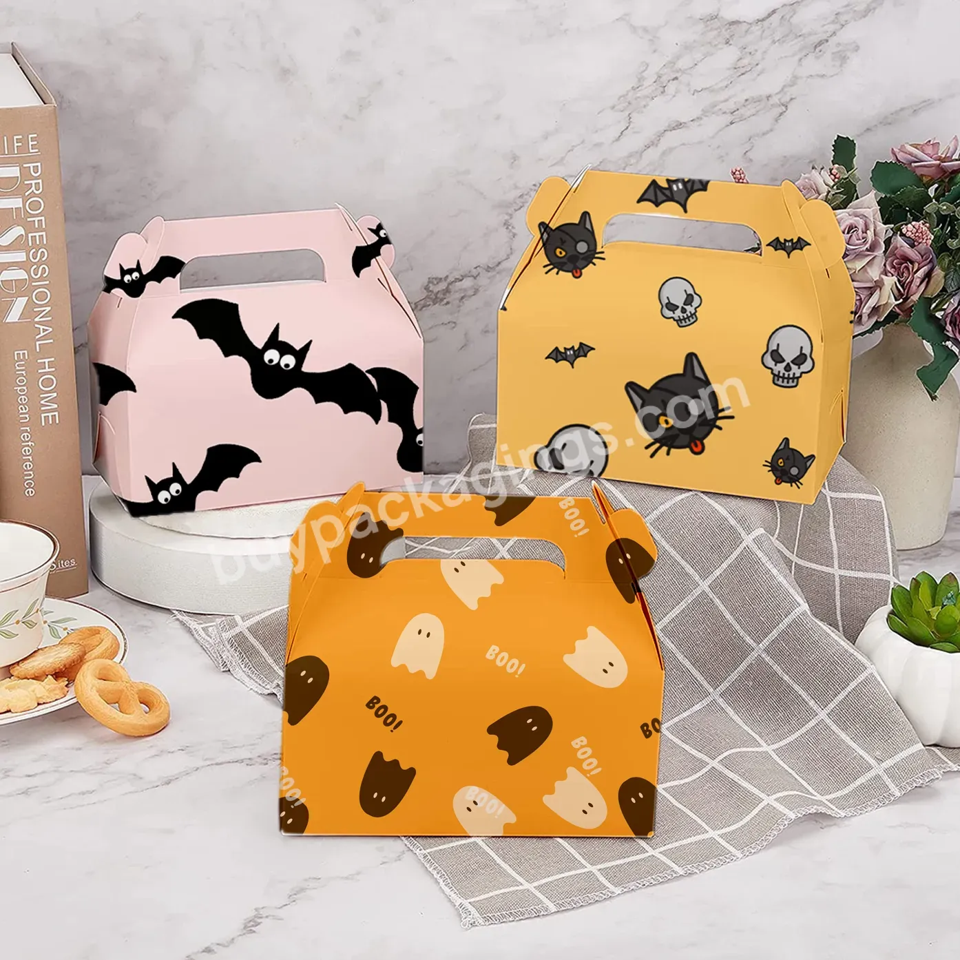 Halloween Unique Handbag Take Out Fast Food Packaging Paper Cute Sweets Bakery Customised Clear Window Pillow Boxes Packaging