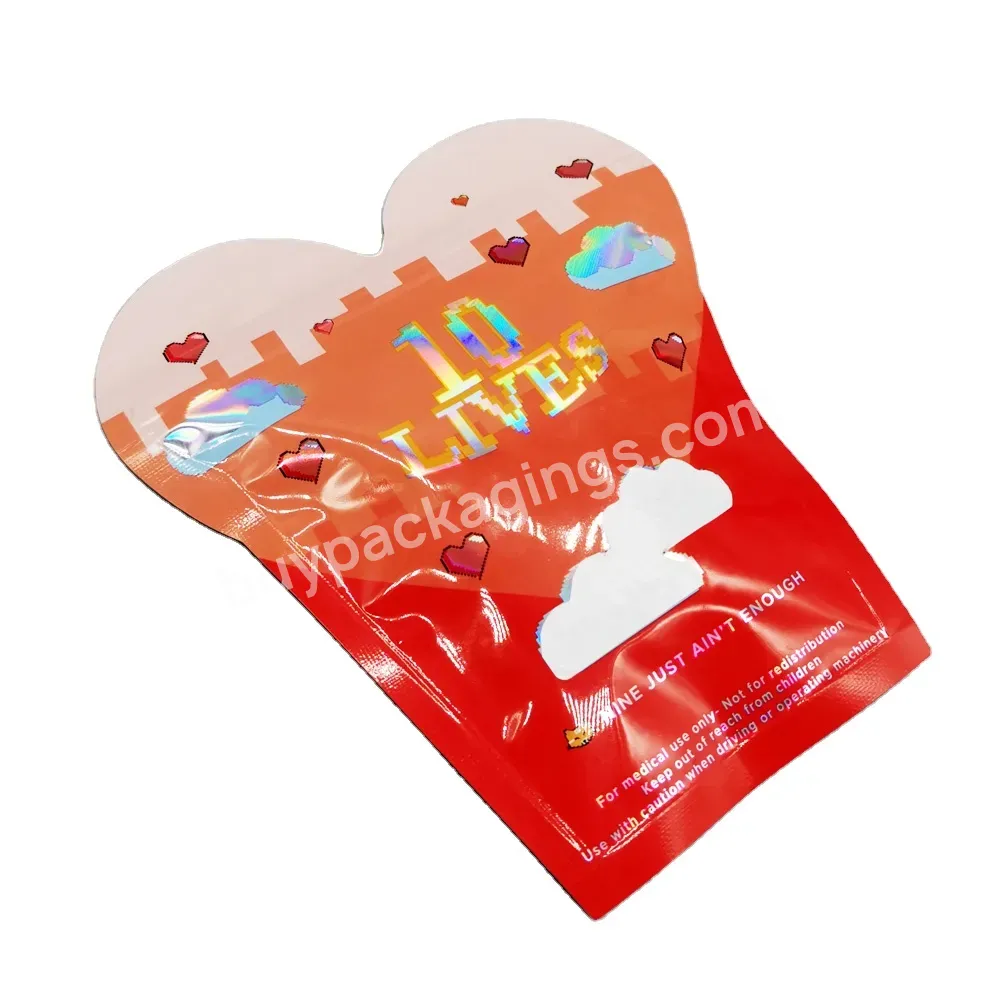 Heart Shape Die Cut Bags Special Shape Holographic Aluminum Lining Glossy Surface Zipper Top Food Snack Edible Bags Poly Mylar