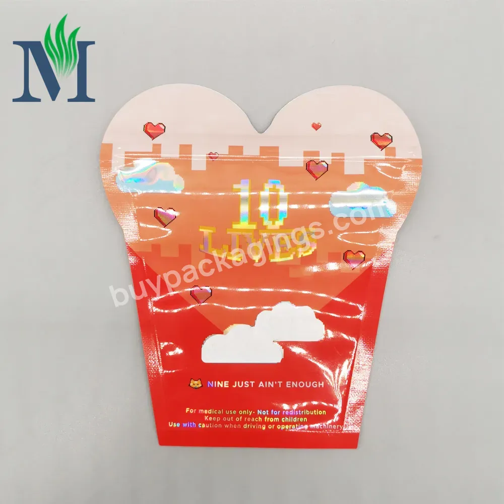 Heart Shape Die Cut Bags Special Shape Holographic Aluminum Lining Glossy Surface Zipper Top Food Snack Edible Bags Poly Mylar