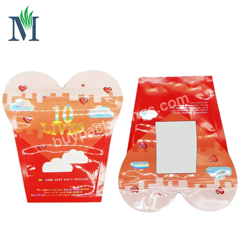Heart Shape Die Cut Mylar Bags Special Shape Holographic Aluminum Lining Glossy Surface Zipper Top Food Snack Edible Bags