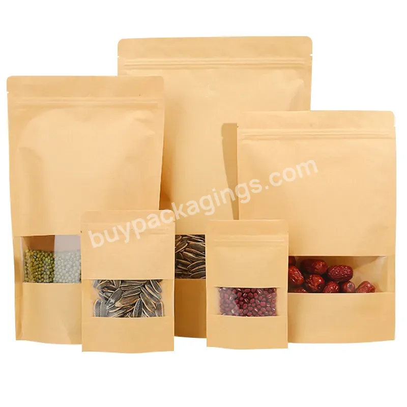 Heat Sealable Food Storage Doypack Packaging Pouches Brown Kraft Paper Bag With Clear Window