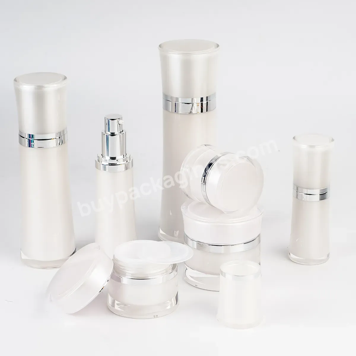 High End Cosmetic Round White And Gold Airless Pump Bottles 30g 50g 15ml 30ml 50ml 100ml Acrylic Cosmetic Package Container