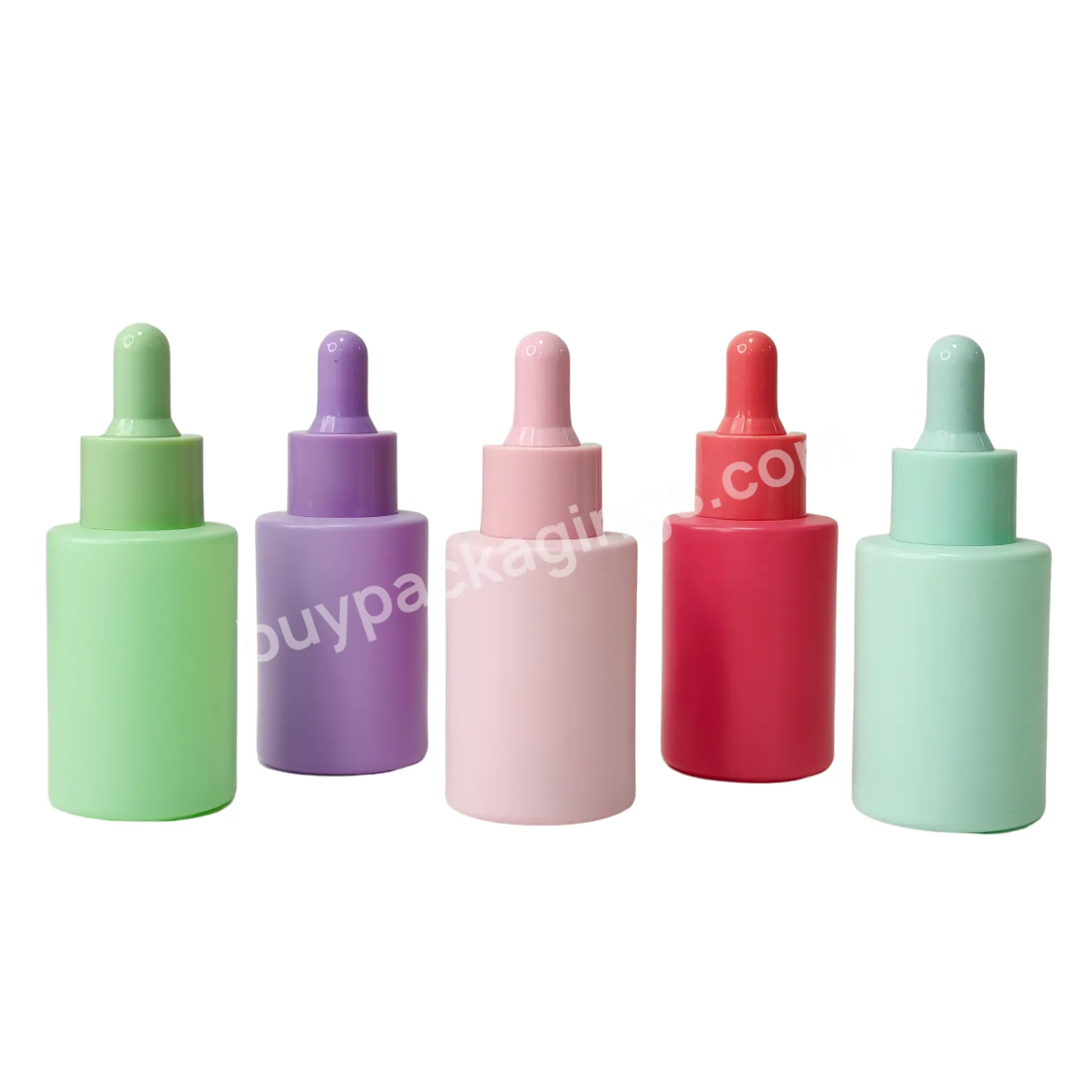 High Quality 30ml 1oz Serum Oil Cream Pink Blue Green Purple Cosmetic Packaging Empty Flat Shoulder Glass Dropper Bottle