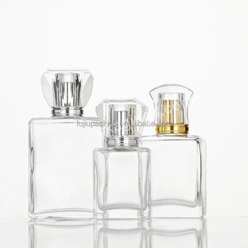 High Quality 30ml 50ml 100ml Clear Glass Thick Wall Flat Shoulder Rectangle Square Perfume Bottles Empty With Mist Spray Withe A