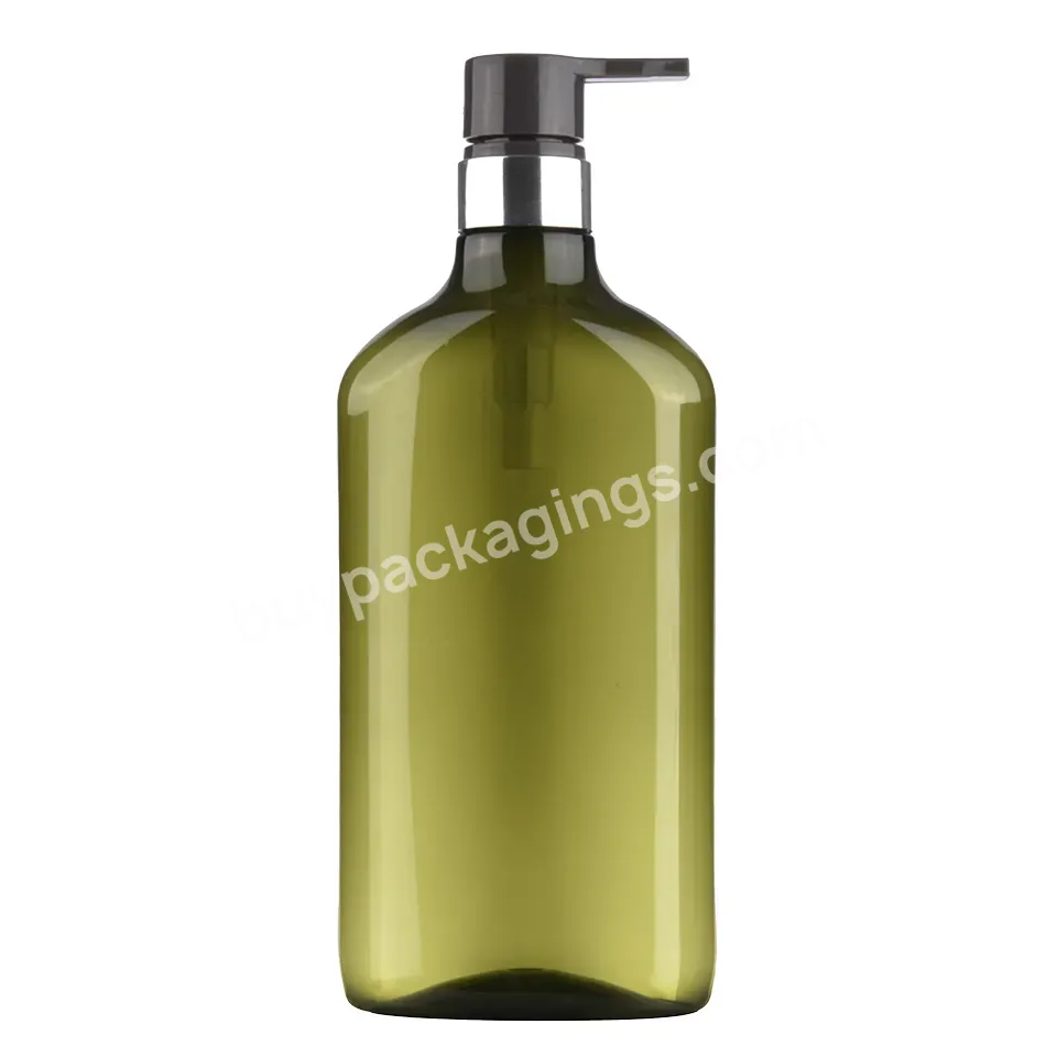 High Quality 500ml Pet Green Flat Hand Wash Face Cream Cleanser Packaging Bottle Shampoo Bottle With Lotion Pump